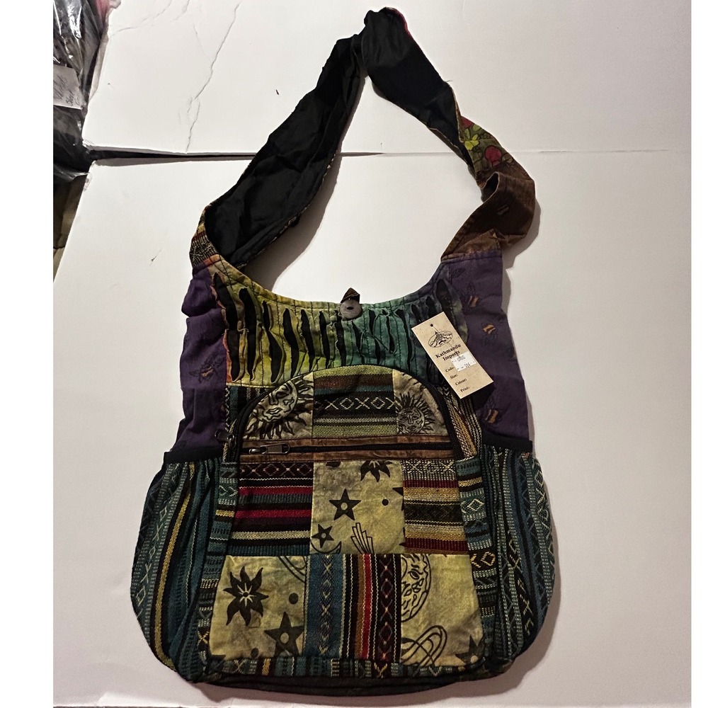 Kathmandu Imports Patchwork Hobo Bag Sun Moon Star Razor Cut Crossbody NWT Boho